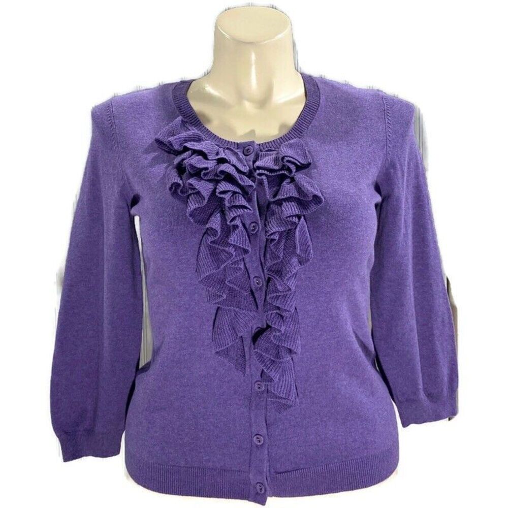 The Limited Cardigan LARGE Sweater‎ Purple Rib Tier Ruffle Classy Chic Casual